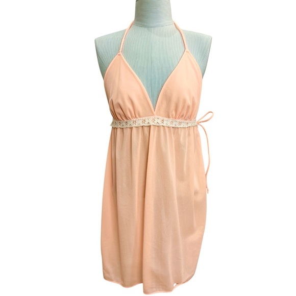 Vintage 60s 70s Van Raalte 100% nylon peach tie neck chemise nightie lingerie 34 - Picture 1 of 15